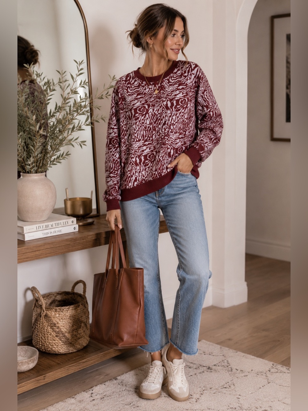 Madewell Burgundy Animal Print Sweatshirt Oversized XL Relaxed Pullover